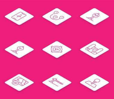 Set line Compass on mobile Route location Fork in the road Traffic sign turn left Folded map City navigation and Parking car barrier icon. Vector.