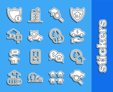 Set line Car sharing Time is money rental Search house with shield House dollar Shield and icon. Vector.