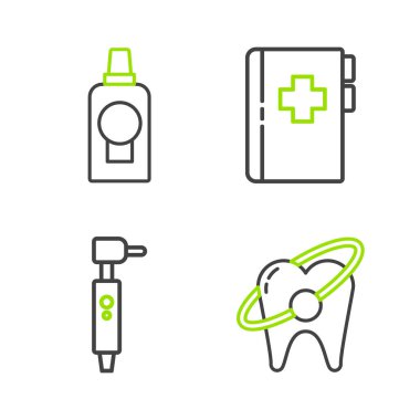 Set line Tooth whitening concept drill Clipboard with dental card and Mouthwash plastic bottle icon. Vector.