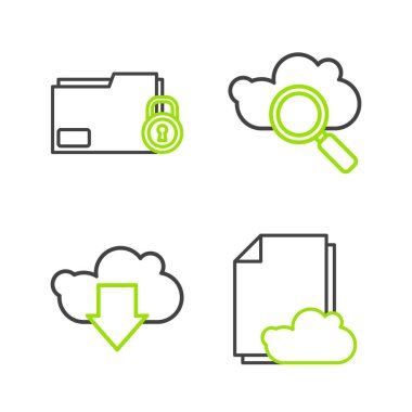Set line Cloud storage text document download Search cloud computing and Folder and lock icon. Vector.