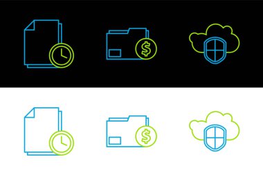 Set line Cloud and shield Document with clock and Finance document folder icon. Vector.