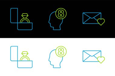 Set line Envelope with 8 March Diamond engagement ring and human head icon. Vector.