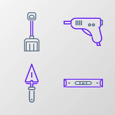 Set line Construction bubble level Trowel Electric hot glue gun and Snow shovel icon. Vector.