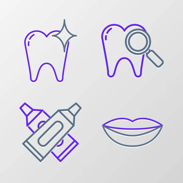 Set Line Smiling Lips Crossed Tube Toothpaste Dental Search Tooth — Image vectorielle