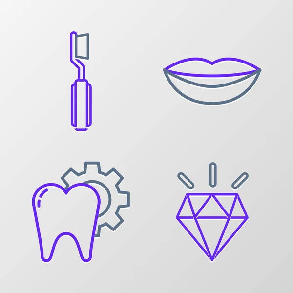 Установить Линию Алмазные Зубы Процедура Обработки Зубов Улыбающиеся Губы Значок — стоковый вектор