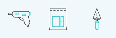 Set line Trowel Electric hot glue gun and Cement bag icon. Vector.