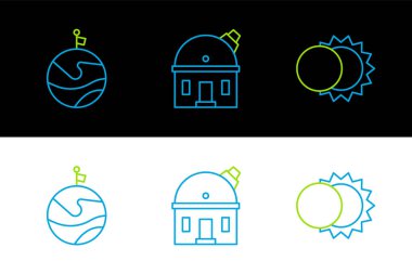 Set line Eclipse of the sun Moon with flag and Astronomical observatory icon. Vector.