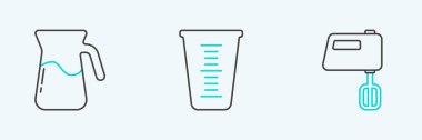Set line Electric mixer Jug glass with water and Measuring cup icon. Vector.