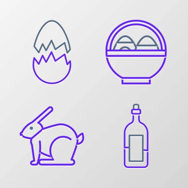 Set Line Bottle Wine Easter Rabbit Basket Easter Eggs Broken — Image vectorielle