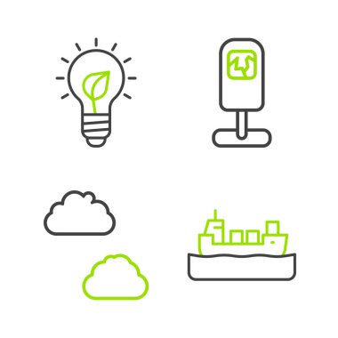 Set line Oil tanker ship Cloud Trash can and Light bulb with leaf icon. Vector.