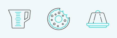 Set line Pudding custard Measuring cup and Donut icon. Vector.