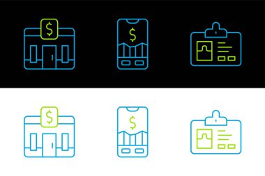 Set line Identification badge Bank building and Mobile stock trading icon. Vector.