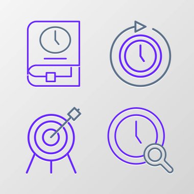Set line Magnifying glass with clock Target sport Clock arrow and Time for book icon. Vector.