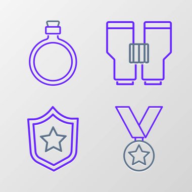 Set line Military reward medal Binoculars and Canteen water bottle icon. Vector.