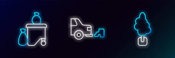 Set Line Tree Full Dustbin Car Exhaust Icon Glowing Neon — Stockvektor