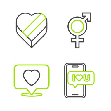 Set line Mobile with heart Like and Gender and Candy in shaped box icon. Vector.