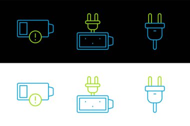 Set line Electric plug Low battery and Battery charge icon. Vector.