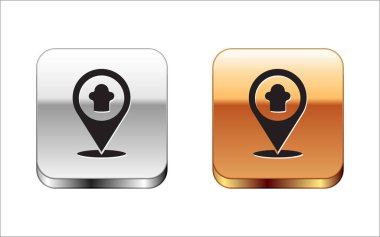 Siyah aşçı şapkası beyaz arka planda izole edilmiş konum simgesine sahip. Aşçılık sembolü. Aşçı şapkası. Gümüş-altın kare düğme. Vektör.