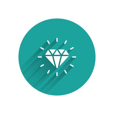 White Diamond icon isolated with long shadow background. Jewelry symbol. Gem stone. Green circle button. Vector.