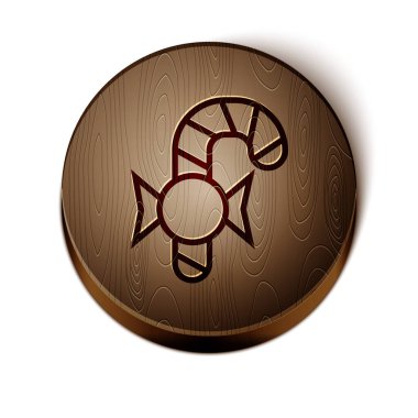 Beyaz arka planda izole edilmiş çizgili kahverengi çizgili Noel şekerleme çubuğu. Mutlu Noeller ve mutlu yıllar. Tahta daire düğmesi. Vektör.