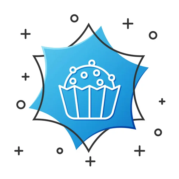 White Line Cupcake Icon Isolated White Background Blue Hexagon Button — Stock Vector