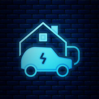 Glowing neon Electric car parking charging at home wall box charger station on house icon isolated on brick wall background. Vector.