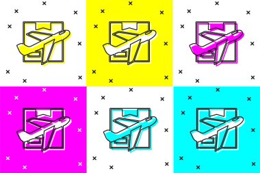 Set Plane and cardboard box icon isolated on color background. Delivery, transportation. Cargo delivery by air. Airplane with parcels, boxes. Vector.