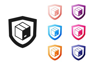 Beyaz zemin üzerinde kalkan simgesi olan Kara Teslimat güvenliği. Teslimat sigortası. Kalkanın ötesinde sigorta kutuları var. Simgeleri renklendirin. Vektör.