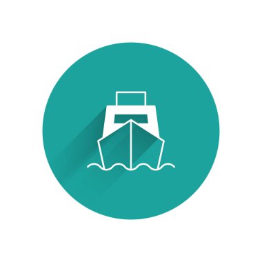 White Cargo ship with boxes delivery service icon isolated with long shadow background. Delivery, transportation. Freighter with parcels, boxes, goods. Green circle button. Vector.