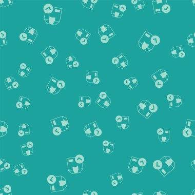 Green Package box with check mark icon isolated seamless pattern on green background. Parcel box with checkmark. Approved delivery or successful package receipt. Vector.