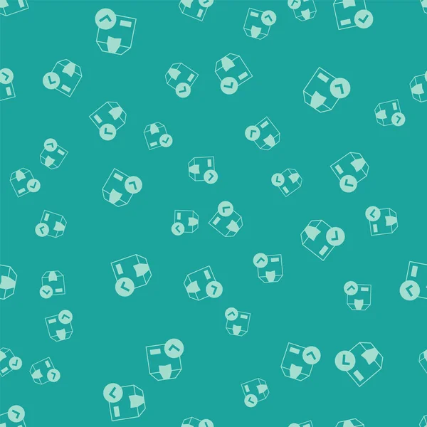Green Package box with check mark icon isolated seamless pattern on green background. Parcel box with checkmark. Approved delivery or successful package receipt. Vector.