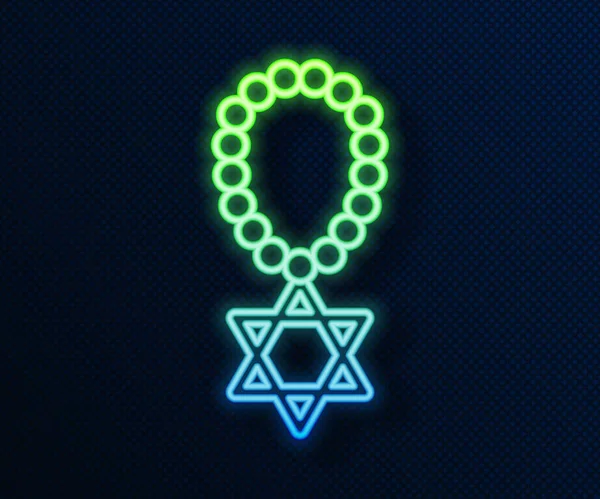 Mavi arka planda izole edilmiş zincir ikonunda parlayan neon çizgisi David 'in Yıldızı kolyesi. Yahudi dini sembolü. İsrail 'in sembolü. Mücevher ve aksesuar. Vektör.