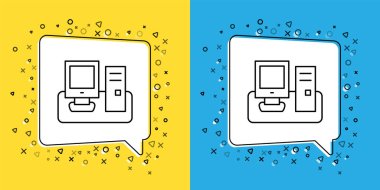 Set line Computer monitor with keyboard and mouse icon isolated on yellow and blue background. PC component sign. Vector.