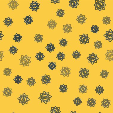 Blue line Dollar, share, network icon isolated seamless pattern on yellow background. Vector.