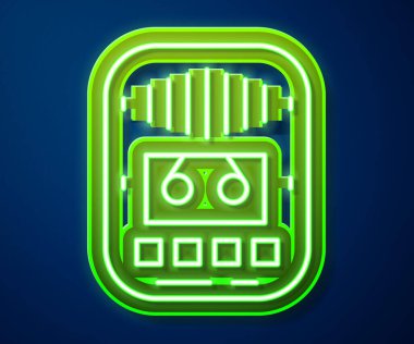 Parlayan neon hattı kaset çalar simgesi mavi arkaplanda izole edildi. Klasik ses kaydedici. Vektör.