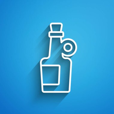 Beyaz çizgili alkol, mavi arka planda izole edilmiş rom şişesi ikonu. Uzun gölge. Vektör.