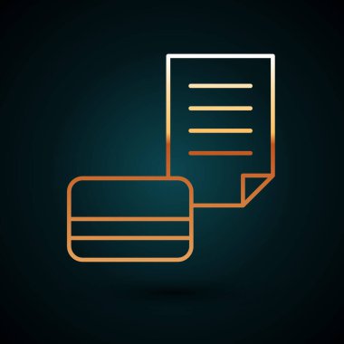 Altın çizgili kredi kartı simgesi koyu mavi arkaplanda izole edildi. Çevrimiçi ödeme. Nakit çekilmesi. Finansal operasyonlar. Alışveriş tabelası. Vektör.