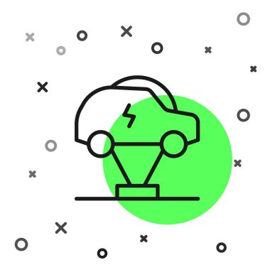 Siyah çizgi elektrikli araba ve elektrik kablosu şarj ikonu beyaz arka planda izole edildi. Yenilenebilir ekolojik teknolojiler. Vektör.