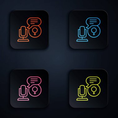 Renkli neon hattı mikrofon simgesi siyah arkaplanda izole edildi. Radyodaki mikrofondan. Sözcü işareti. Kare düğmelere simgeleri yerleştir. Vektör.