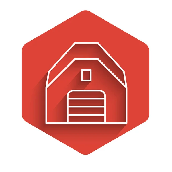 White Line Garage Icon Isolated Long Shadow Background Red Hexagon — Archivo Imágenes Vectoriales