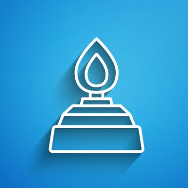 Beyaz çizgi alkol ya da ruh yakıcı ikonu mavi arka planda izole edilmiş. Kimyasal ekipman. Uzun gölge. Vektör.