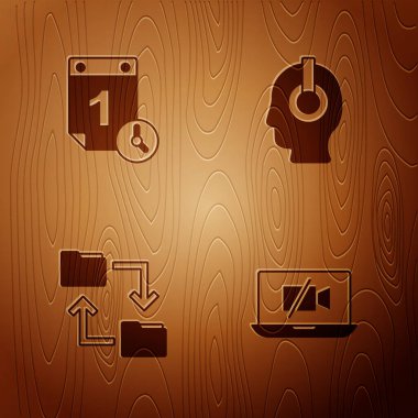 Set Video camera Off on laptop, Time management, Cloud storage document folder and Freelancer on wooden background. Vector.