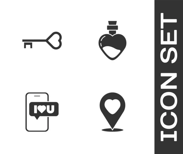 Set Location Heart Key Shape Mobile Bottle Love Potion Icon — Stockový vektor