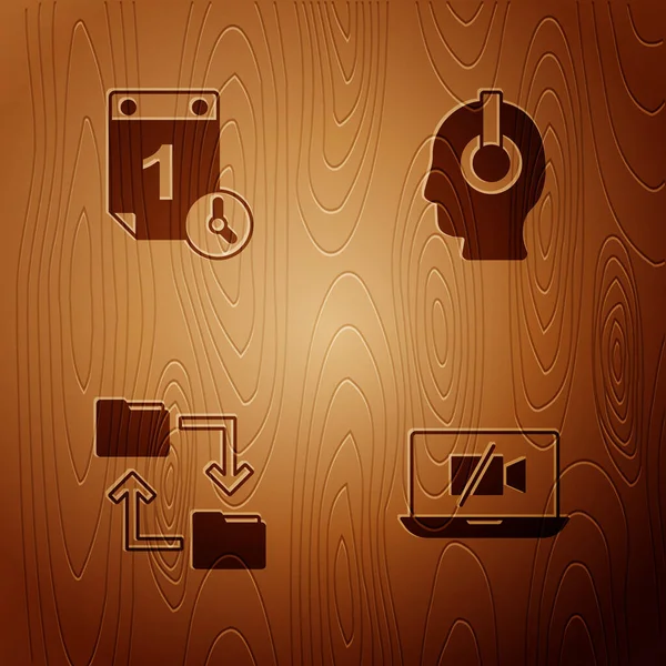 Set Video camera Off on laptop, Time management, Cloud storage document folder and Freelancer on wooden background. Vector.