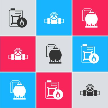 Set Canister for motor oil, Metallic pipes and valve and Oil tank storage icon. Vector.