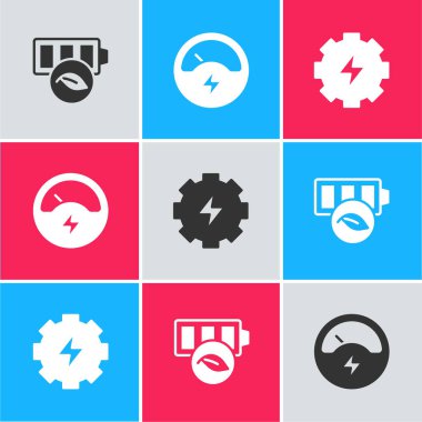 Set Eco nature leaf battery Voltmeter and Gear and lightning icon. Vector.