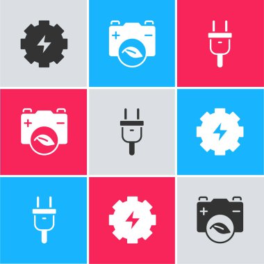Set Gear and lightning Eco nature leaf battery and Electric plug icon. Vector.