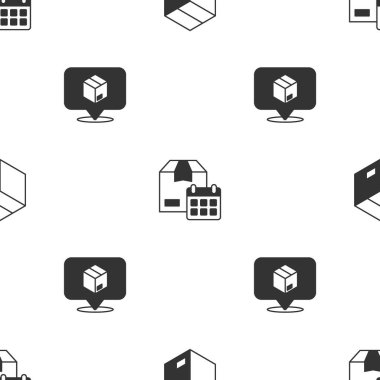 Set Carton cardboard box Cardboard with calendar and Location on seamless pattern. Vector.