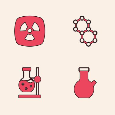 Set Test tube Radioactive Molecule and flask on stand icon. Vector.
