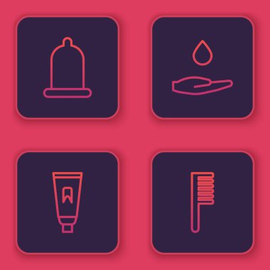 Set line Condom, Tube of toothpaste, Washing hands with soap and Hairbrush. Blue square button. Vector.